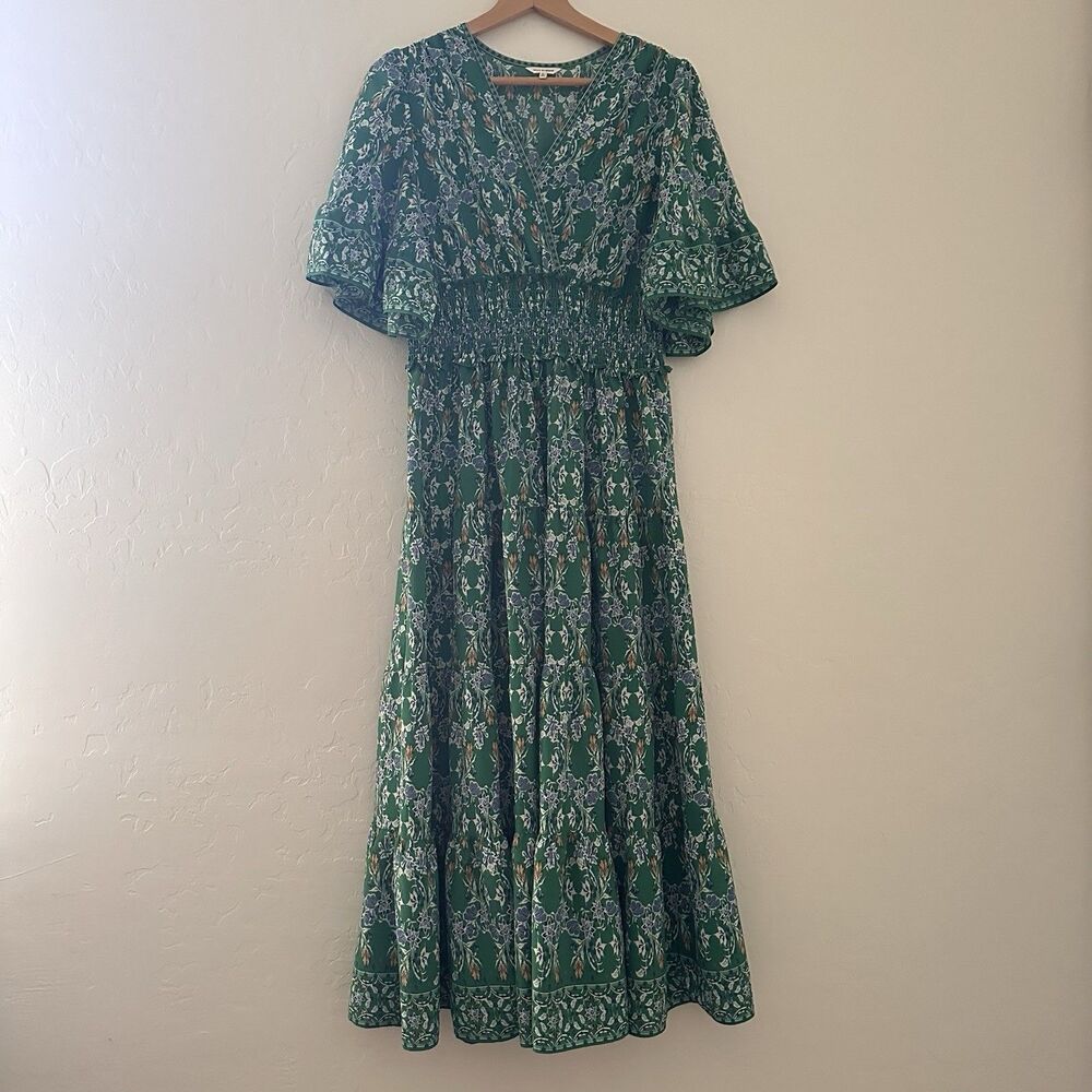 Max Studio Floral Maxi Dress Womens L Tiered Ruffle Smocked Green Boho